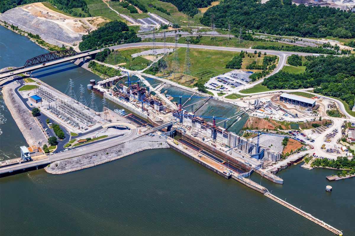 The Kentucky Lock’s new navigation lock chamber will be 110 feet wide by 1,200 feet long, twice the length of the current lock. (Photo courtesy of Aerial Innovations Southeast)