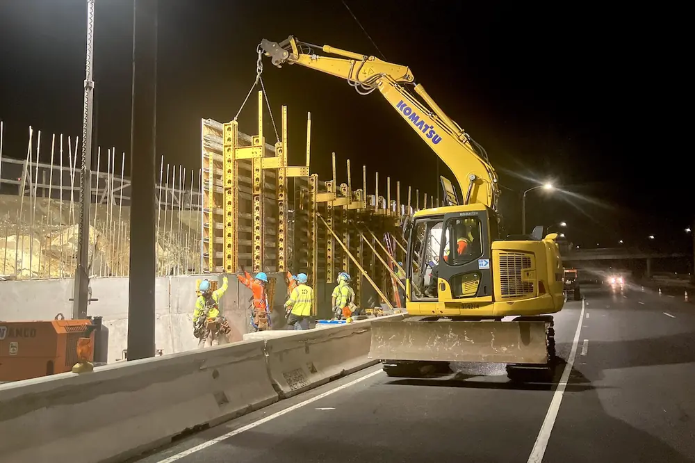 The construction team is installing multiple retaining walls as part of the Eastbound H-1 Improvements project in Honolulu.