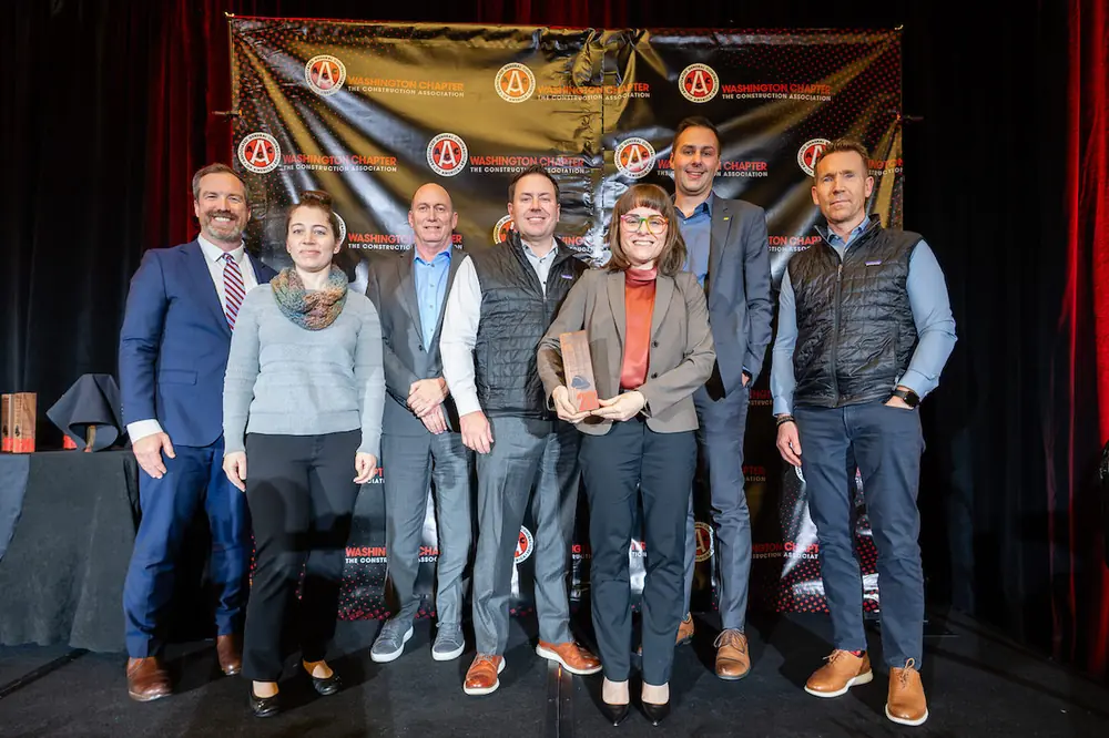 From left to right: Bryan Kelley (2025 AGC President), Melissa McKinney (KPFF), Ken Carlson (VECA Electric), Ryan Piper (Hensel Phelps), Kabri Lehrman-Schmid (Hensel Phelps), Josh Storey (Hensel Phelps), Scott Bills (Hensel Phelps)