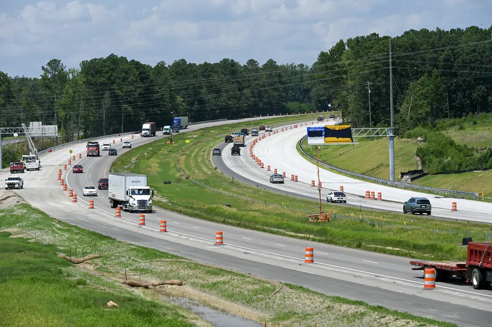 Traffic moves freely through a work zone on I-77 near mile marker 26 in Richland County, South Carolina.