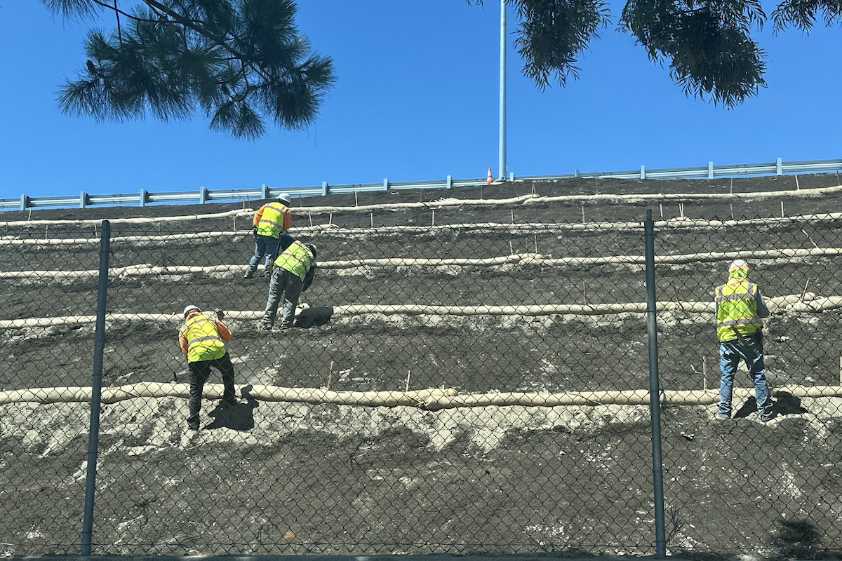 Erosion control measures are added to the side of the State Route 120 connector to southbound State Route 99 in Manteca.