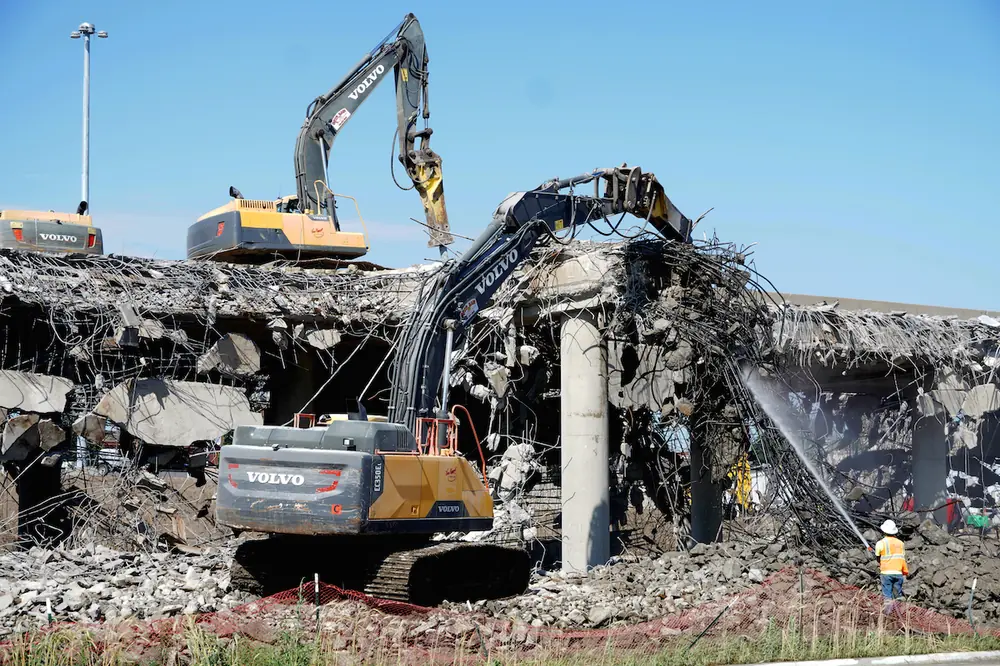 Demolition work is performed on the existing Polk-Quincy Viaduct in downtown Topeka. (Photo courtesy of Kansas Department of Transportation)