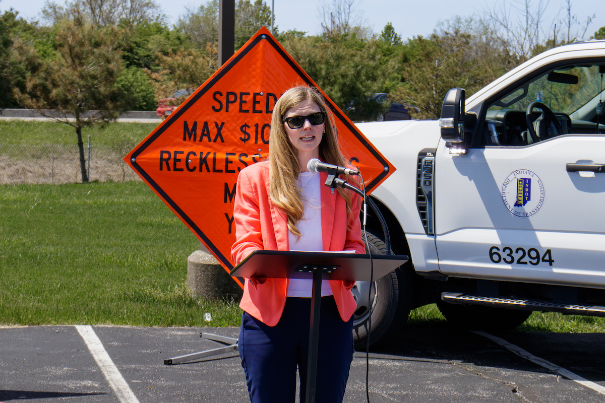 Commissioner Lyndsay Quist speaks at INDOT's National Work Zone Awareness Week/Construction Kick-off Event in April 2025.